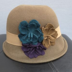 Scala Floral Embellished Tan 100% Wool Cloche Hat One Size